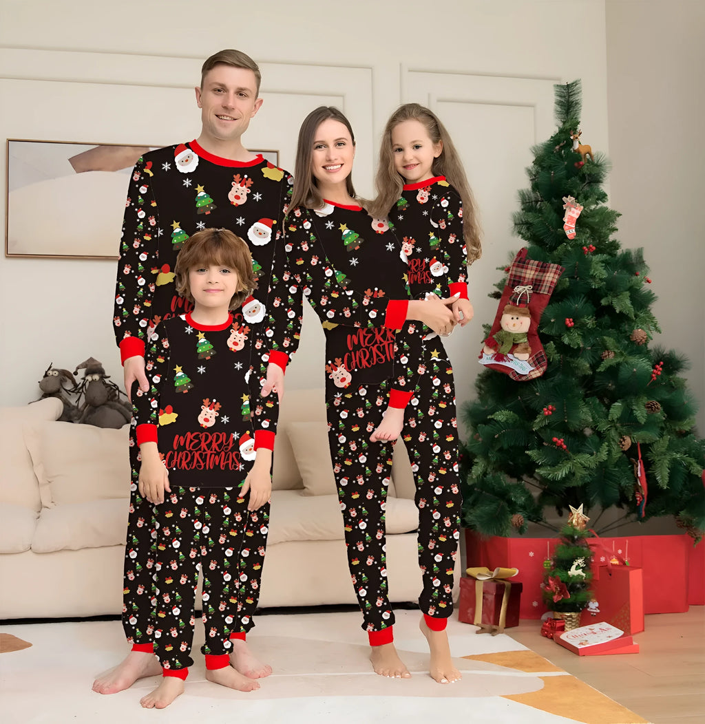 Family Christmas matching cotton pajamas set showing Dad, Mum, child, baby, and dog in coordinated festive sleepwear