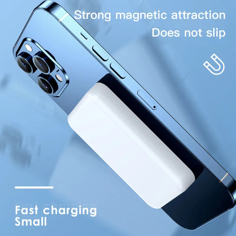 Pink wireless magnetic power bank showing dimensions and magnetic charging connector.