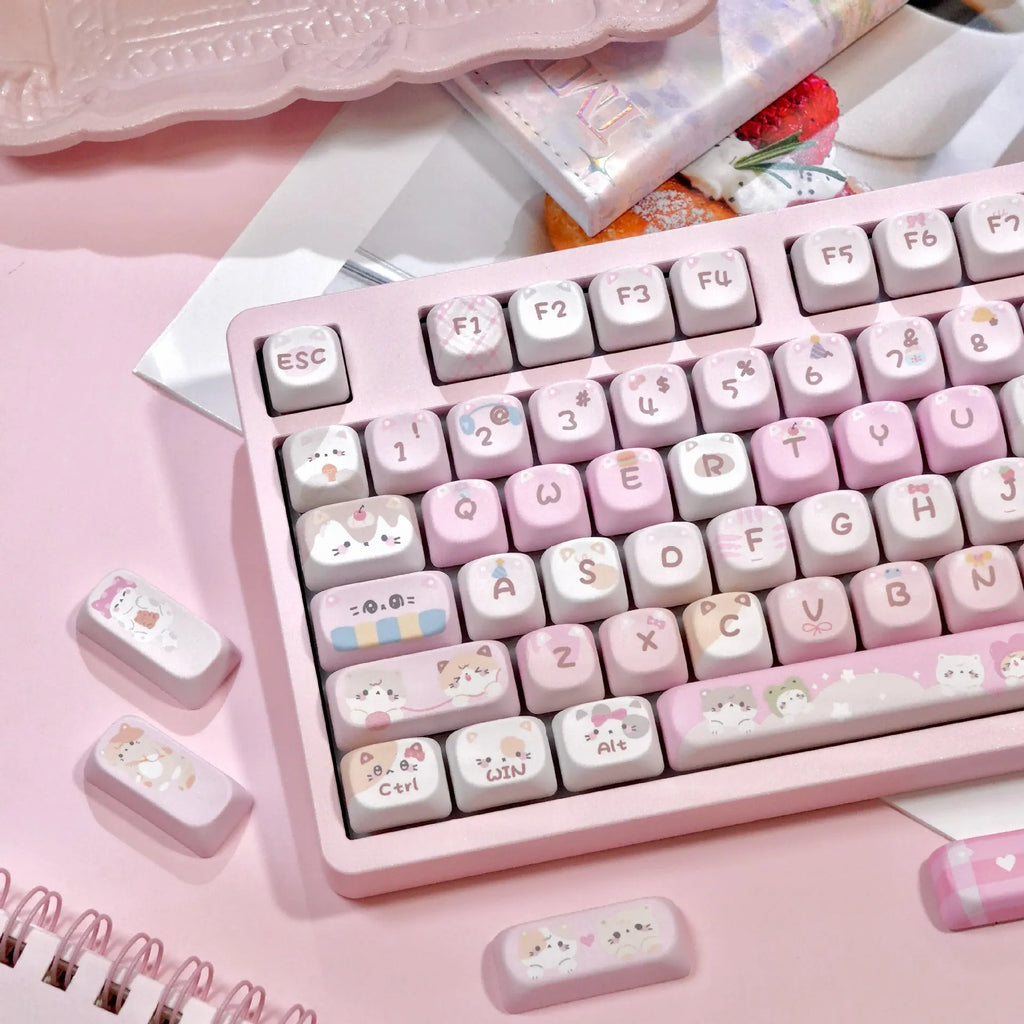Pink cartoon style MOA height sublimation key cap set for mechanical keyboards.