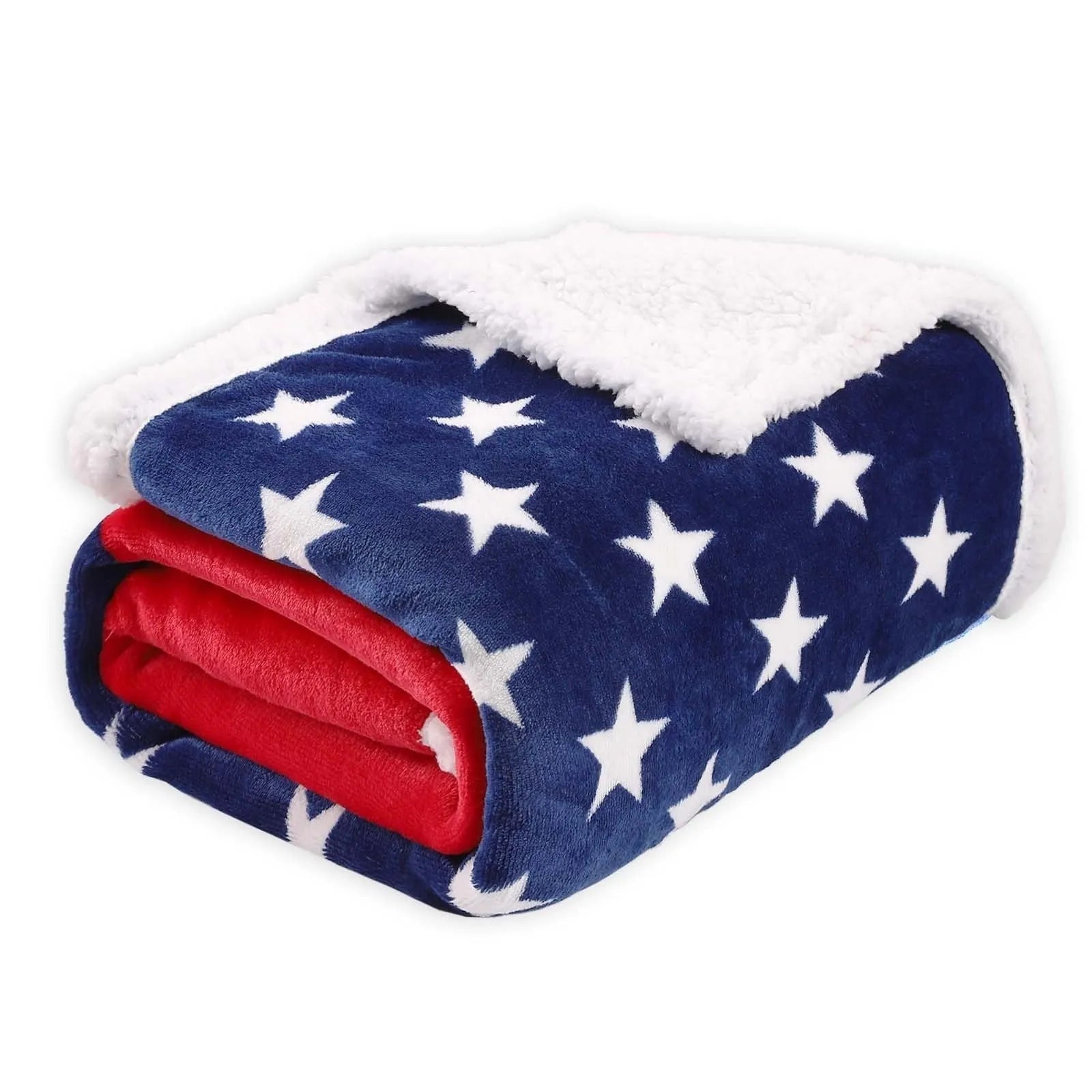 British style striped polyester blanket in vacuum shrink packaging showing three available sizes