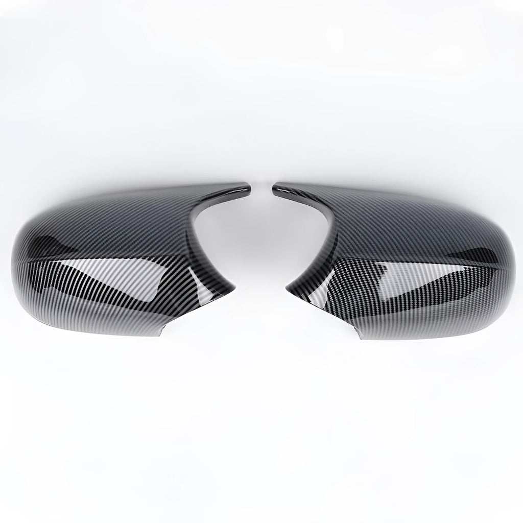 Pair of black ABS plastic rearview mirror shells for BMW 3 Series E90 door mirrors.
