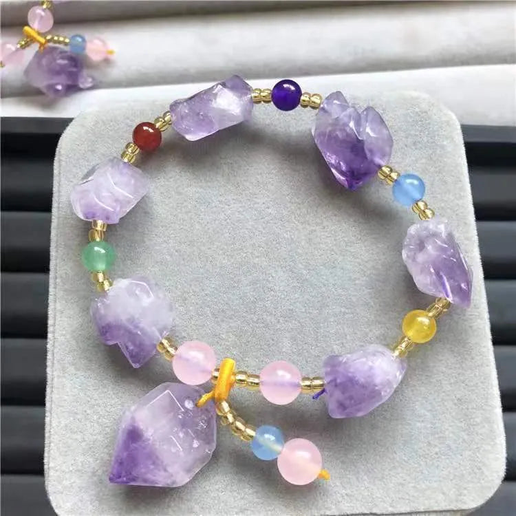 Women's natural shaped amethyst bead bracelet with fu character charm jewellery