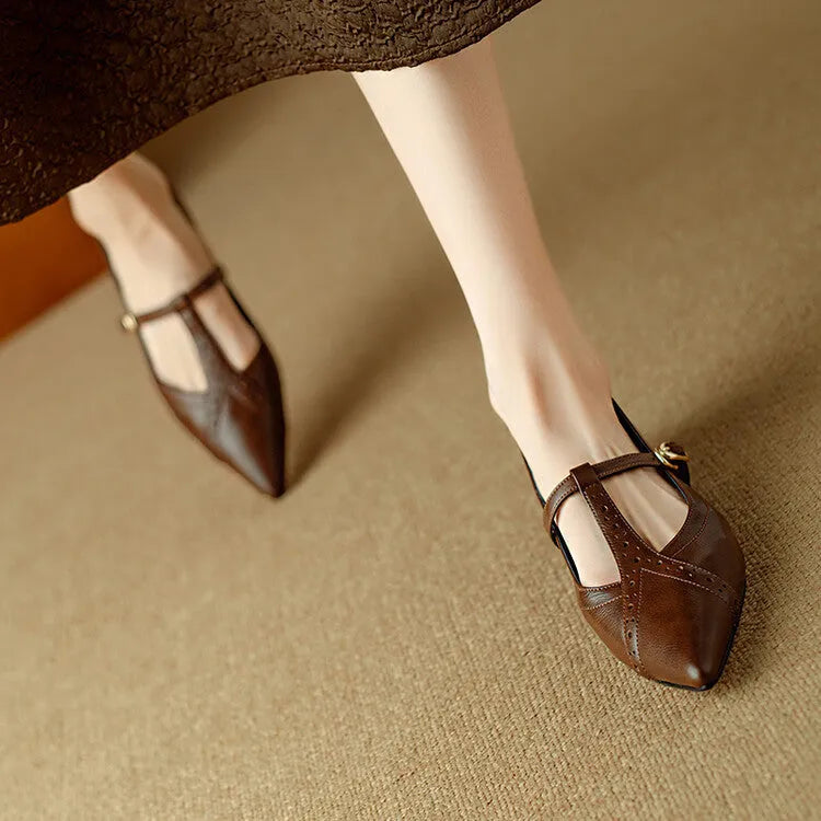 Women's brown pointed toe low-cut flat shoes with a soft sole and cowhide leather uppers.