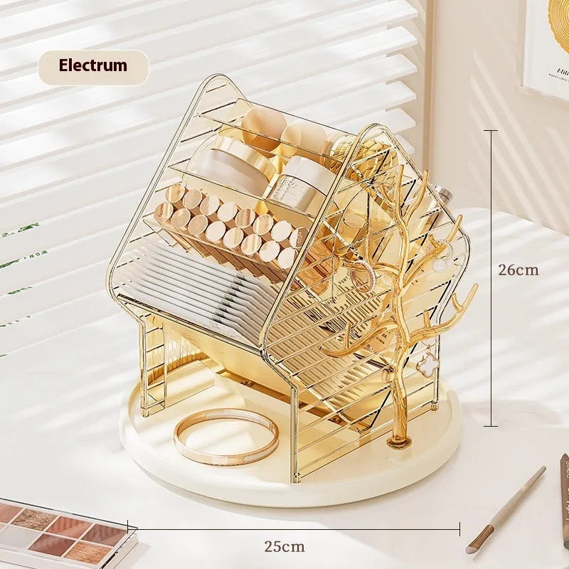 Plastic rotating cosmetics storage box with 360-degree turn in clear or amber gold colour