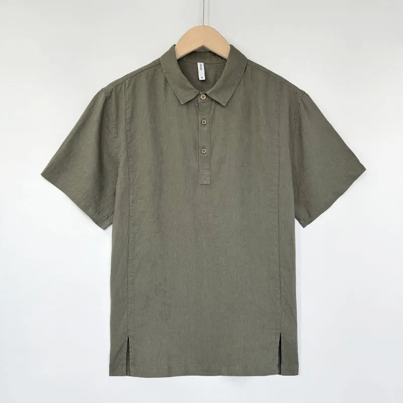 Men's loose linen top with thin lapels and short sleeves in grey green colour.
