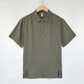Men's loose linen top with thin lapels and short sleeves in grey green colour.