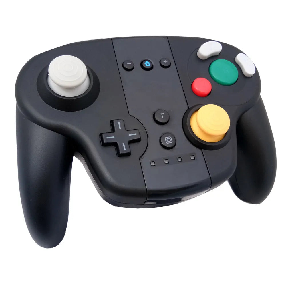 Black wireless gamepad for Nintendo Switch and PC with NFC, gyroscope, and rumble features.