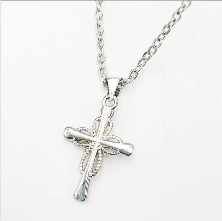 Octagonal star cross alloy pendant in silver tone on ring chain necklace, 22x15mm size