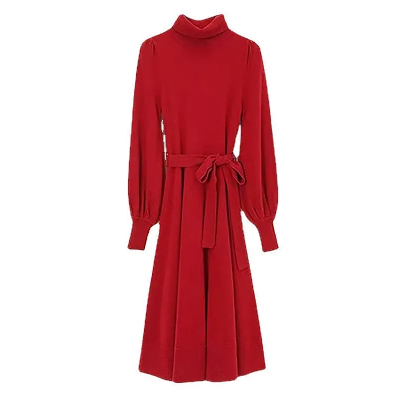 Turtleneck knitted dress with long sleeves, elastic waist, and loose hem in rose red, black, red, or blue colours
