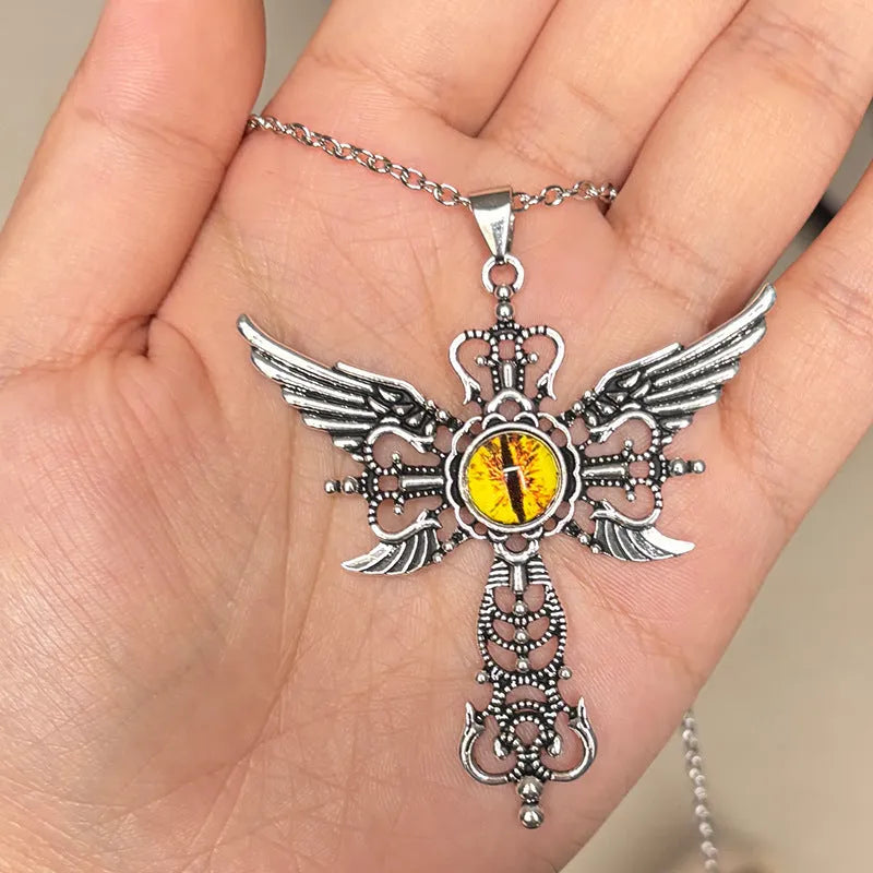 Alloy devil wings and cross geometric pendant necklace on a chain in blue, green, purple, red, and yellow colour options.