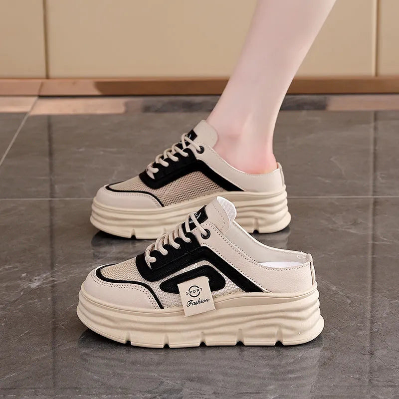 Women's mesh panel half slippers with round toe and height-increasing insole in black, khaki, and white colours