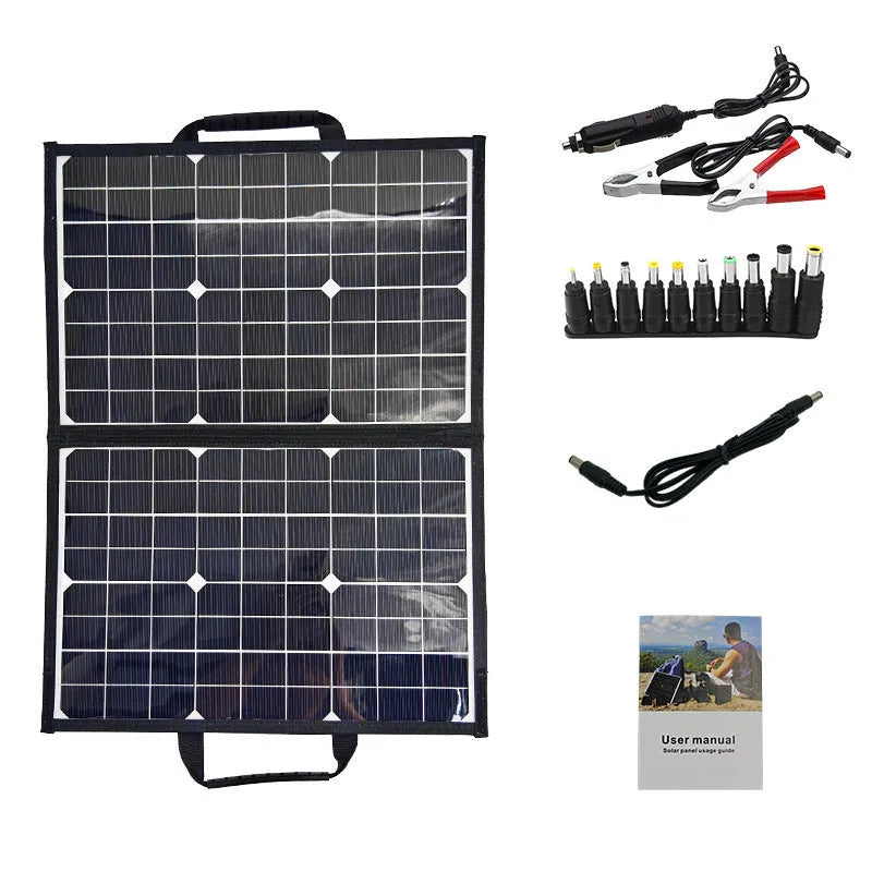 Black folding solar charger bag with 40W single crystal panels for portable outdoor power