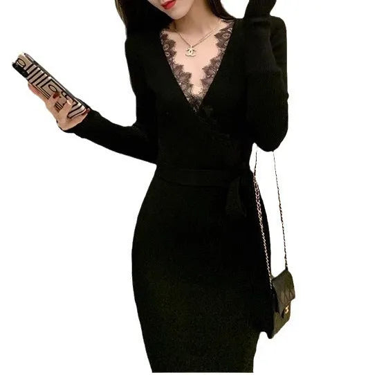 Women's black slim fit wool blend princess dress skirt showing front and side views