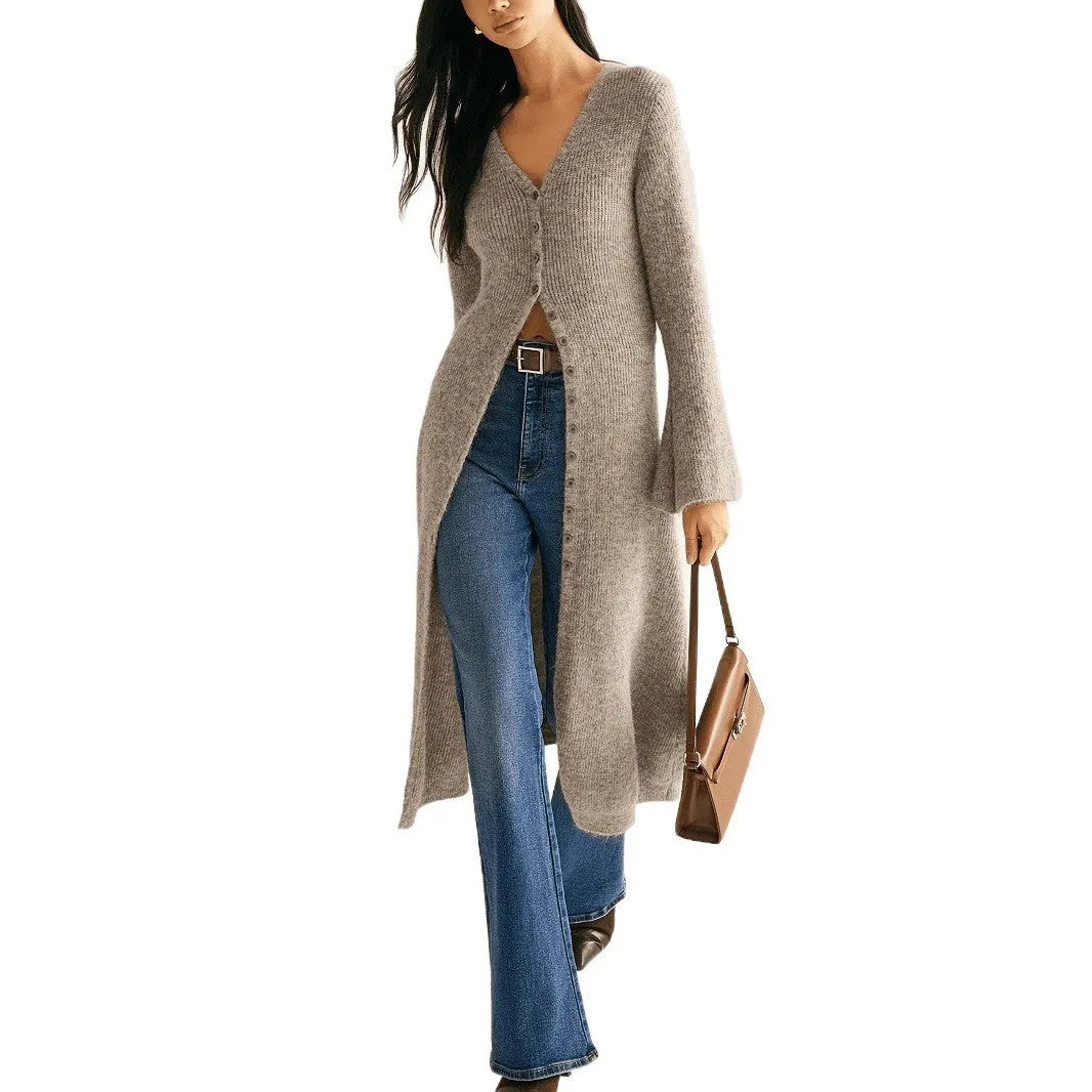 Khaki French retro cardigan coat with button front closure and long sleeves