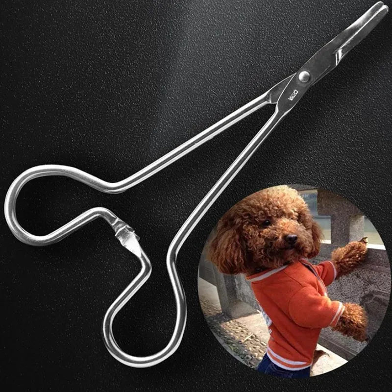 Silver stainless steel pet ear tweezers with curved tip and anti-slip handle on white background
