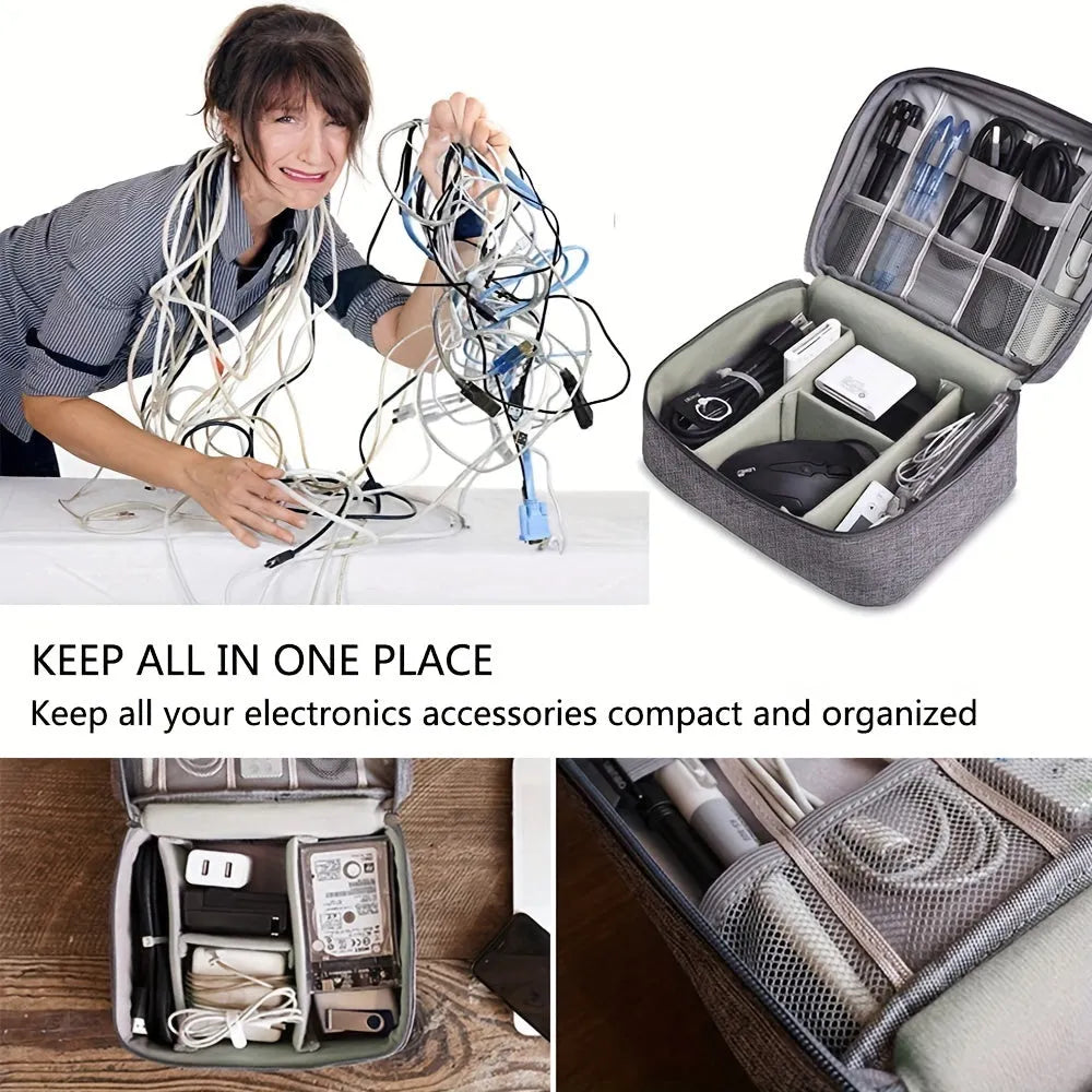 Black waterproof electronics travel cable organizer bag with mesh pockets and top handle