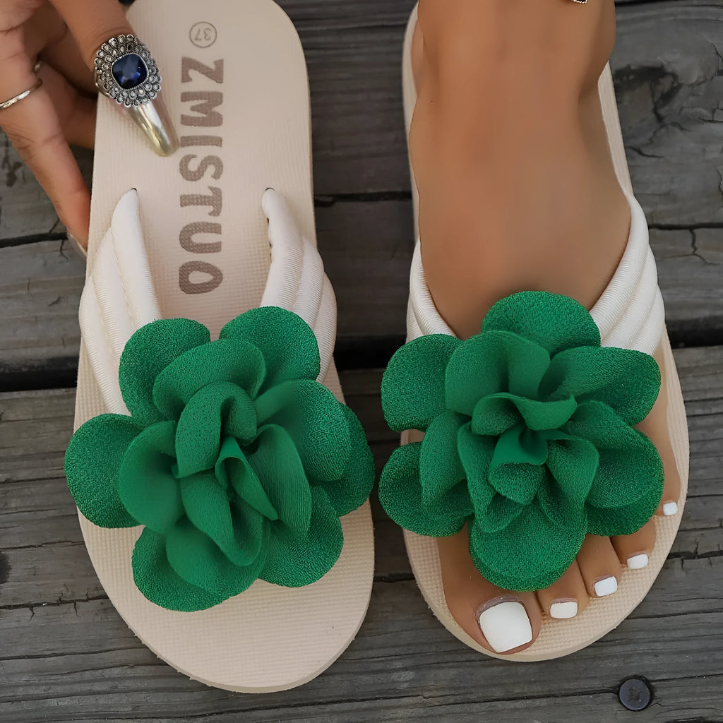 Plus size floral pattern slippers in beige, green and rose red colours with PU construction
