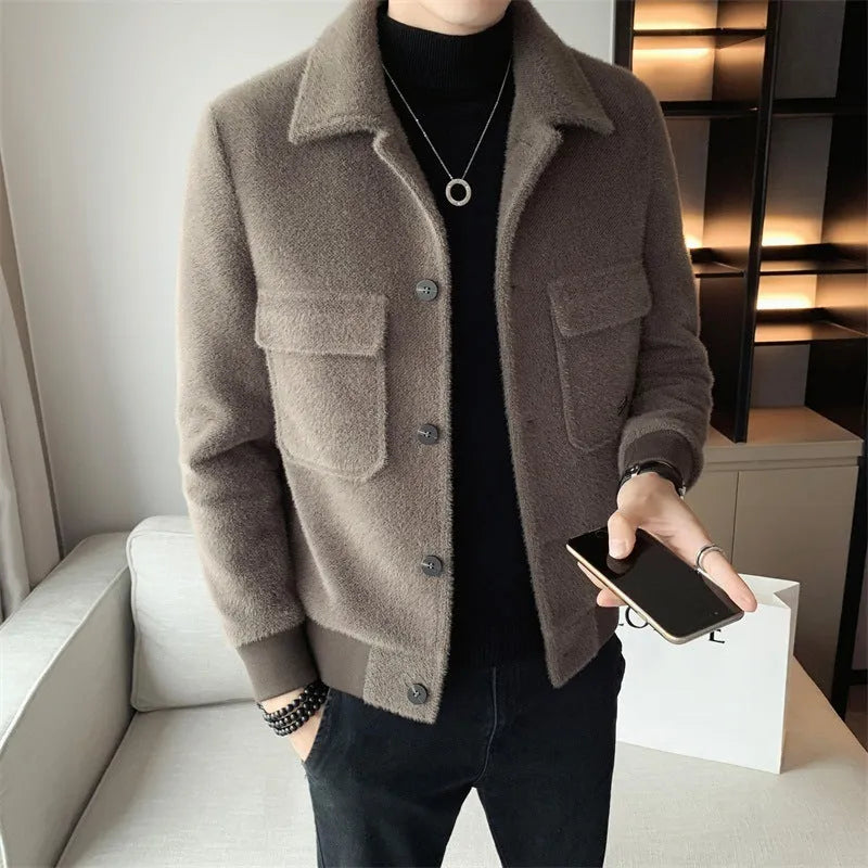 Golden mink velvet lapel fur coat in solid colour with bag cover seam pockets, available in black and yellow, sizes M to XXXL