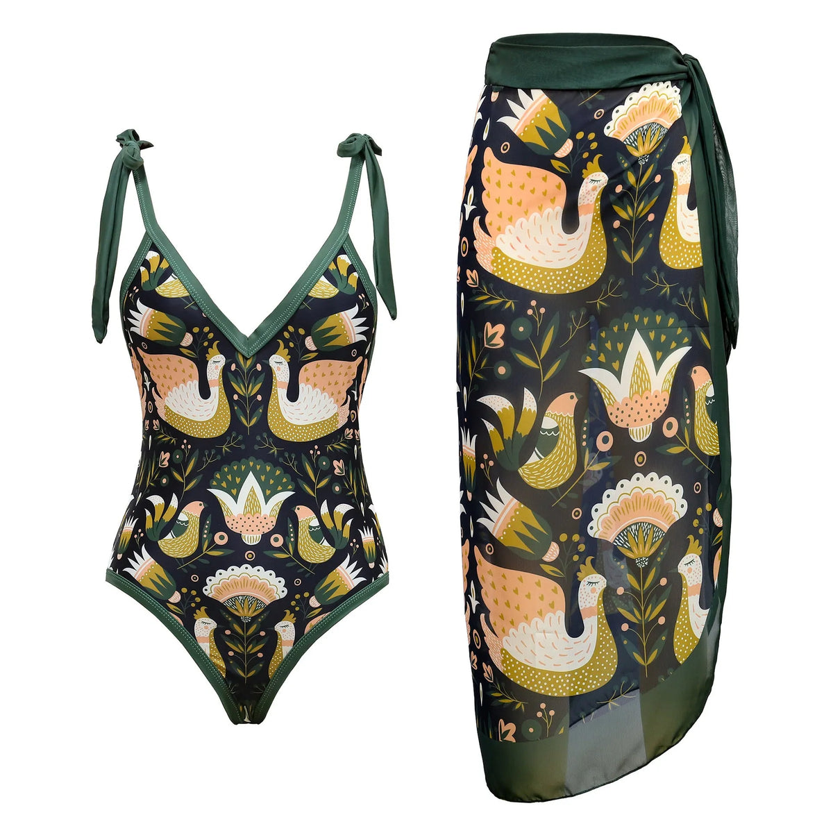 Women's solid colour one-piece swimsuit with spaghetti straps and matching removable skirt