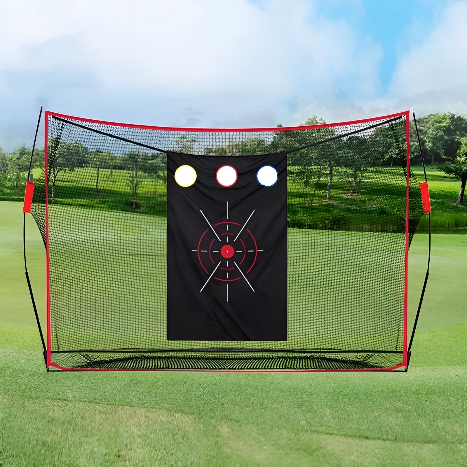 Golf swing wedge training net with three-hole cross design and straw putting mat