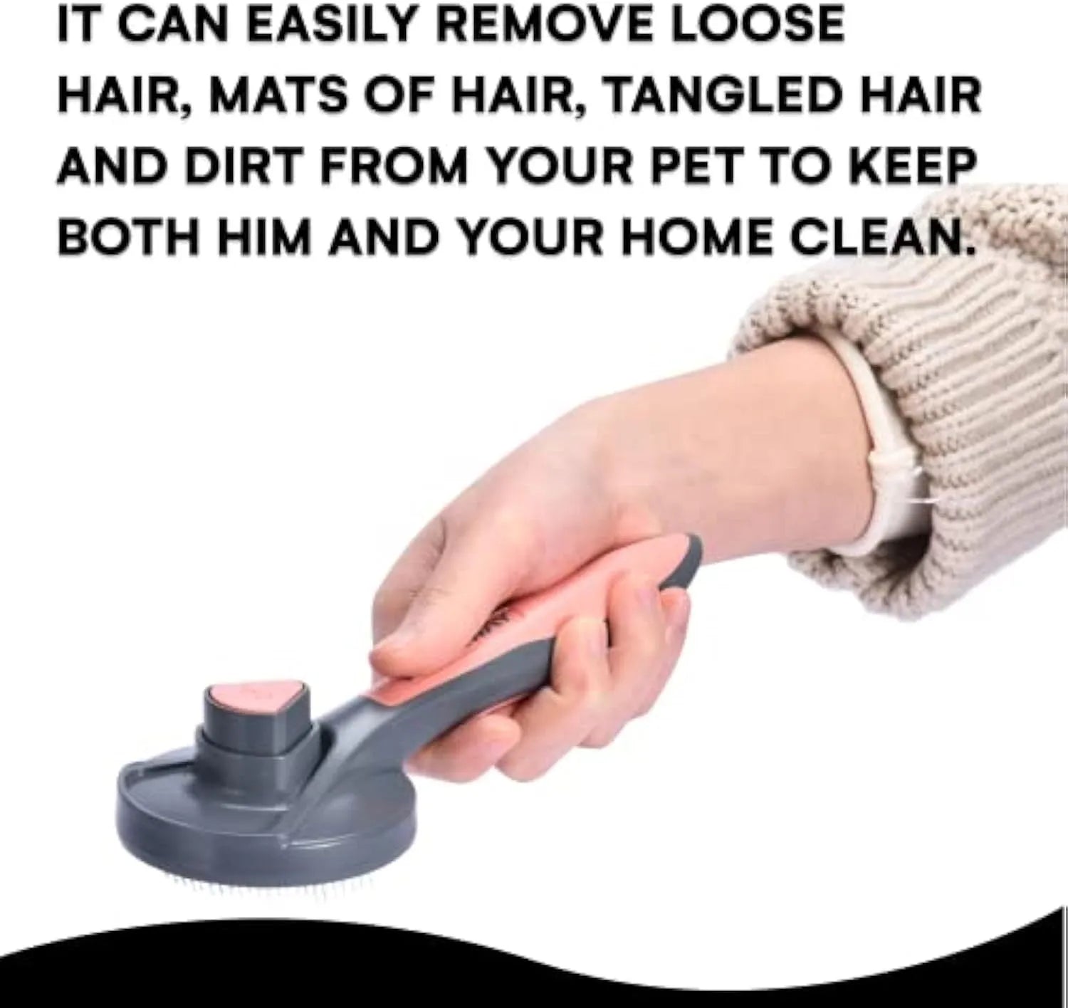 Grey self-cleaning slicker brush for grooming cats and dogs, showing the one-click cleaning button and soft-tipped bristles.