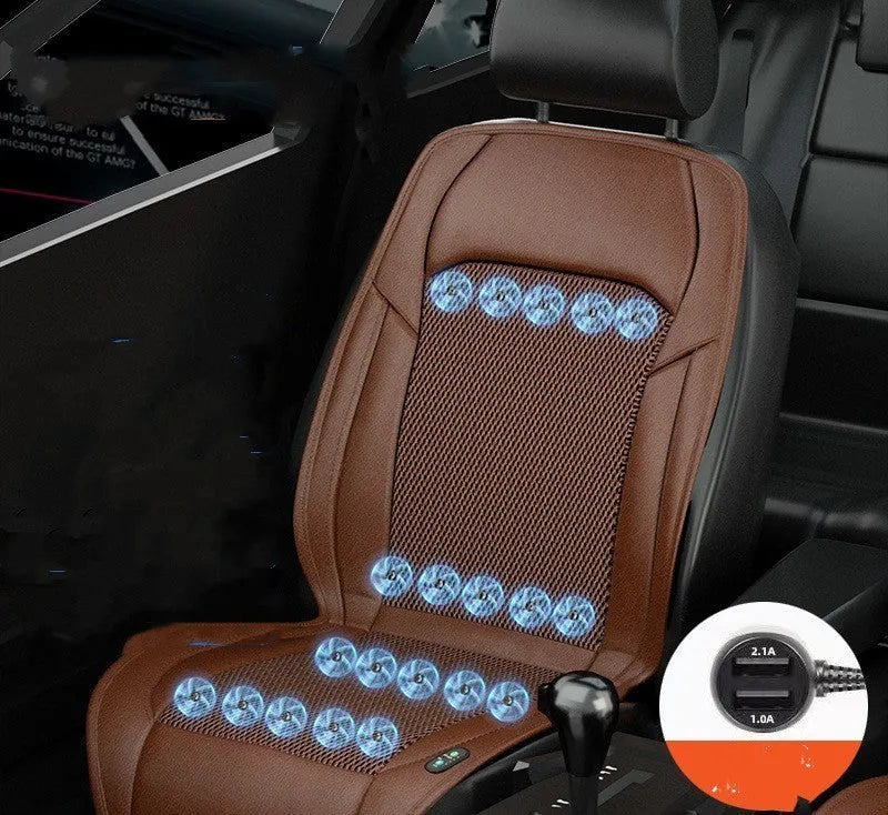 Black ventilated car seat cushion with multiple cooling fans, connected to a 12V car plug.