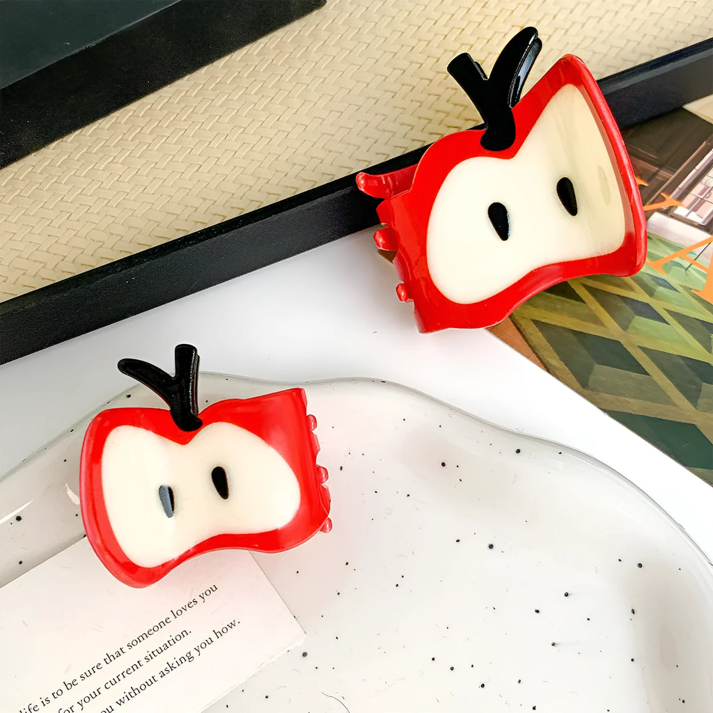 Large red spliced handmade hair clip with apple design and grip, 6.5cm length, for women