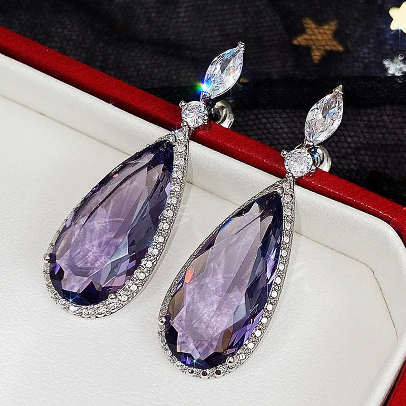 Micro-inlaid purple zircon long drop women bridal earrings with copper base