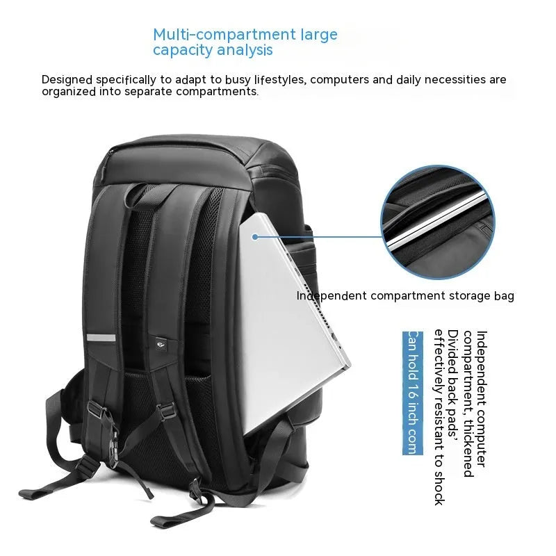Men's 21 inch waterproof Oxford cloth backpack in black with curved shoulder straps and dry wet separation compartment