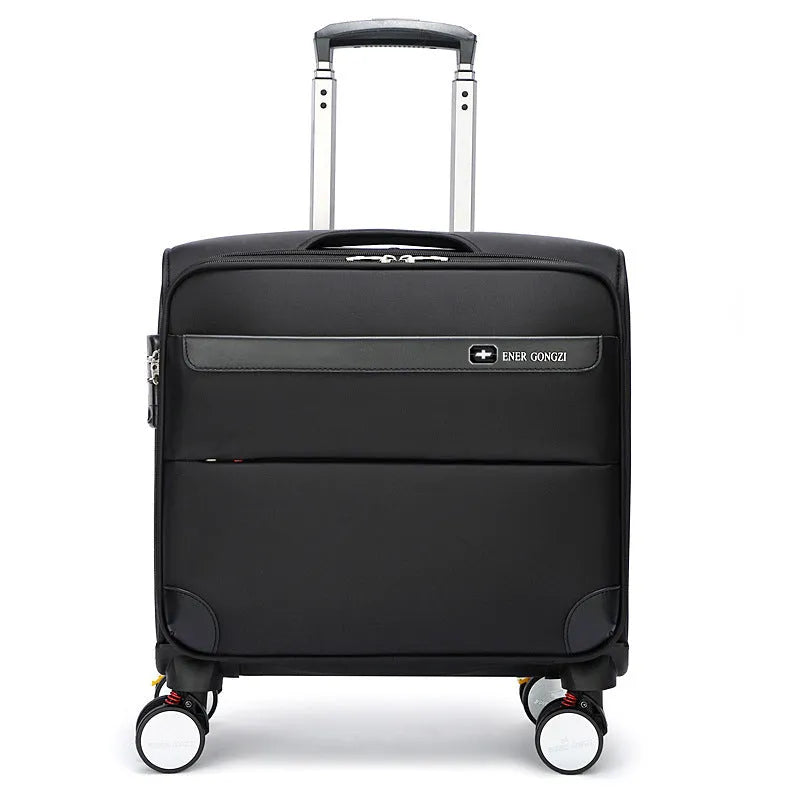 Black 18-inch Oxford cloth carry-on suitcase with universal wheels and retractable handle