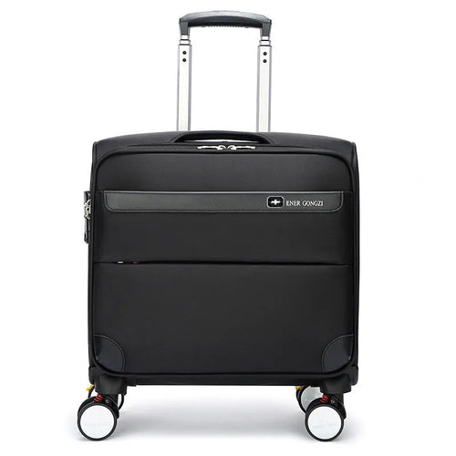 Black 18-inch Oxford cloth carry-on suitcase with universal wheels and retractable handle