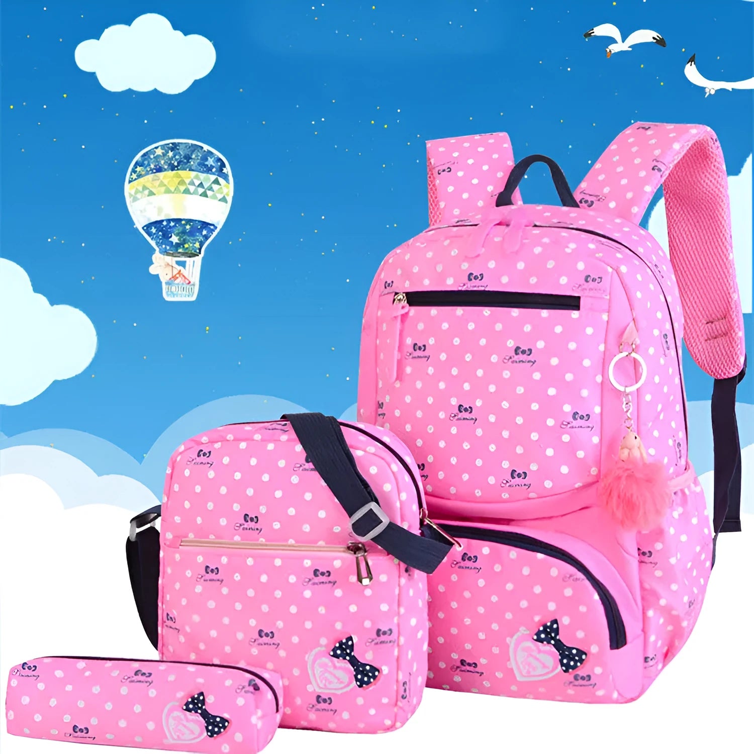 Elementary school girl Korean style cute princess backpack in light pink with polka dot bow pattern, waterproof nylon, reduced burden
