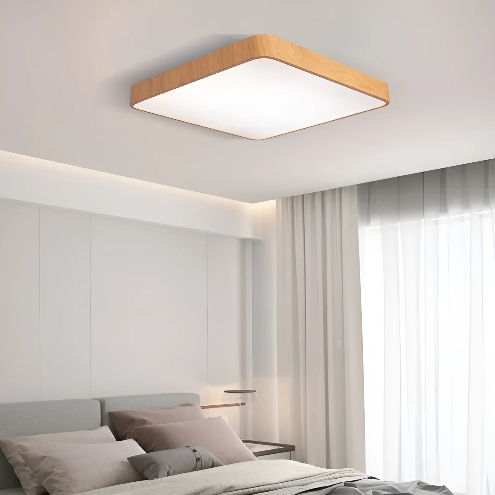 Square Nordic LED wall light with wood grain finish showing three size options and dimmable lighting features