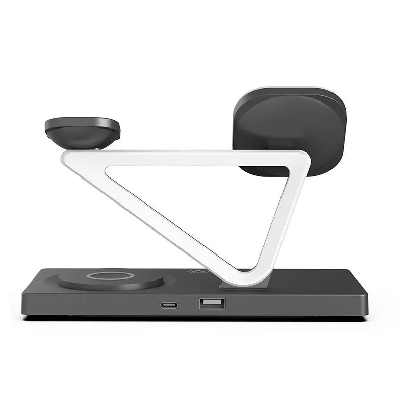 White five-in-one wireless charger with magnetic suction bracket, circular charging base, and integrated night light