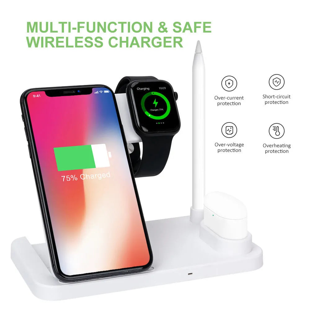 Black folding 4-in-1 wireless charger standing vertically, charging an iPhone and an Apple Pencil.
