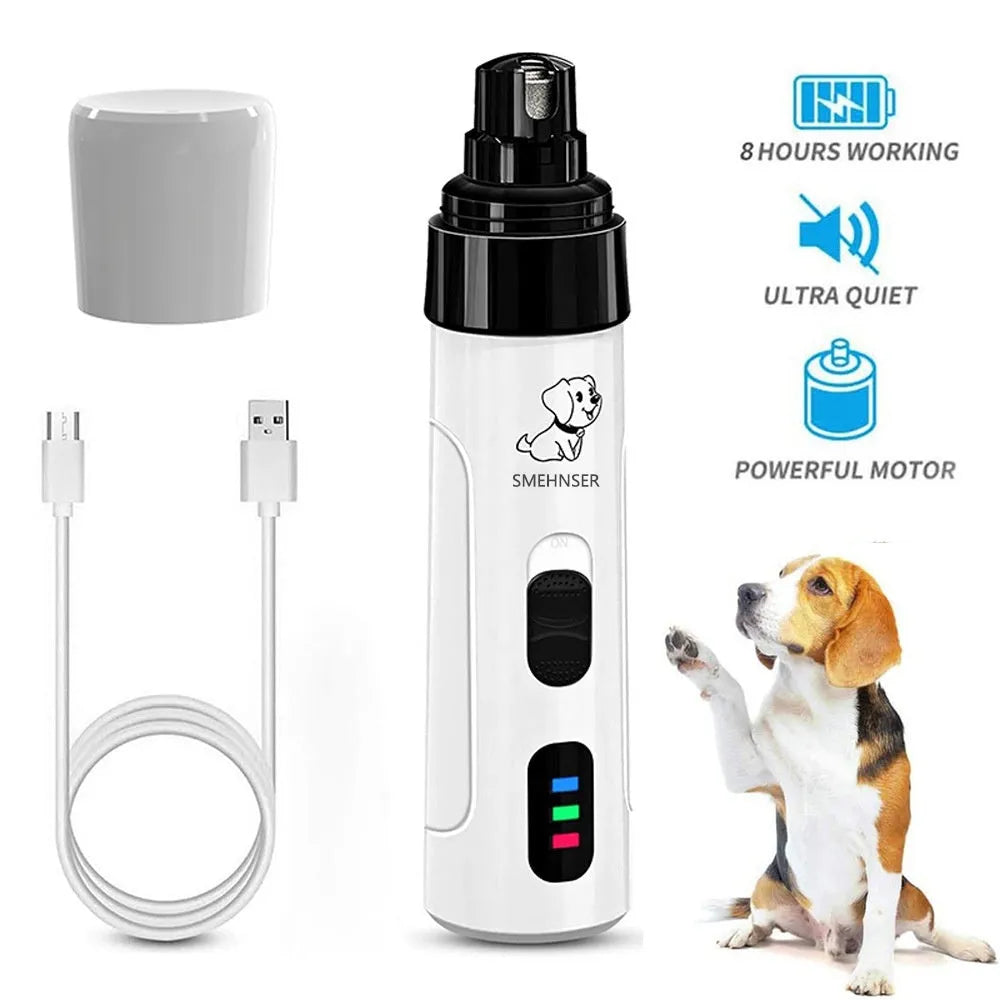 White handheld electric dog nail grinder with LCD display showing speed settings and dust collection compartment