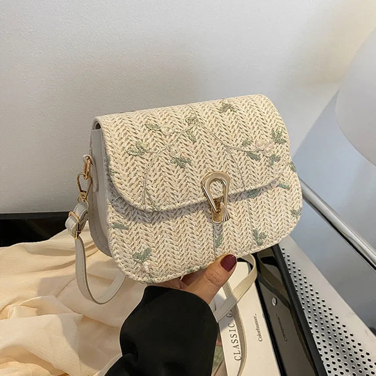 Straw woven satchel handbag with floral pattern in white colour option, single shoulder strap, summer beach bag