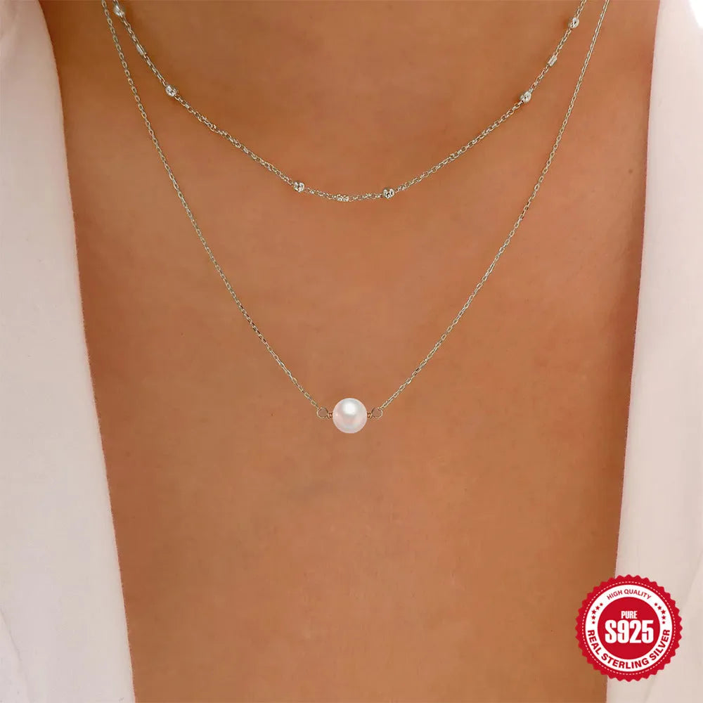 S925 sterling silver double layer pearl necklace with ball bead chain in gold colour option