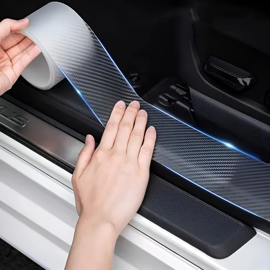 Carbon fibre automotive anti-collision strip on roll with scraper and utility knife tools