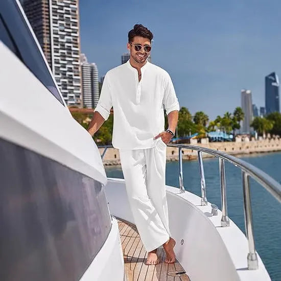 Men's solid colour cotton casual suit with long sleeves and trousers on a hanger