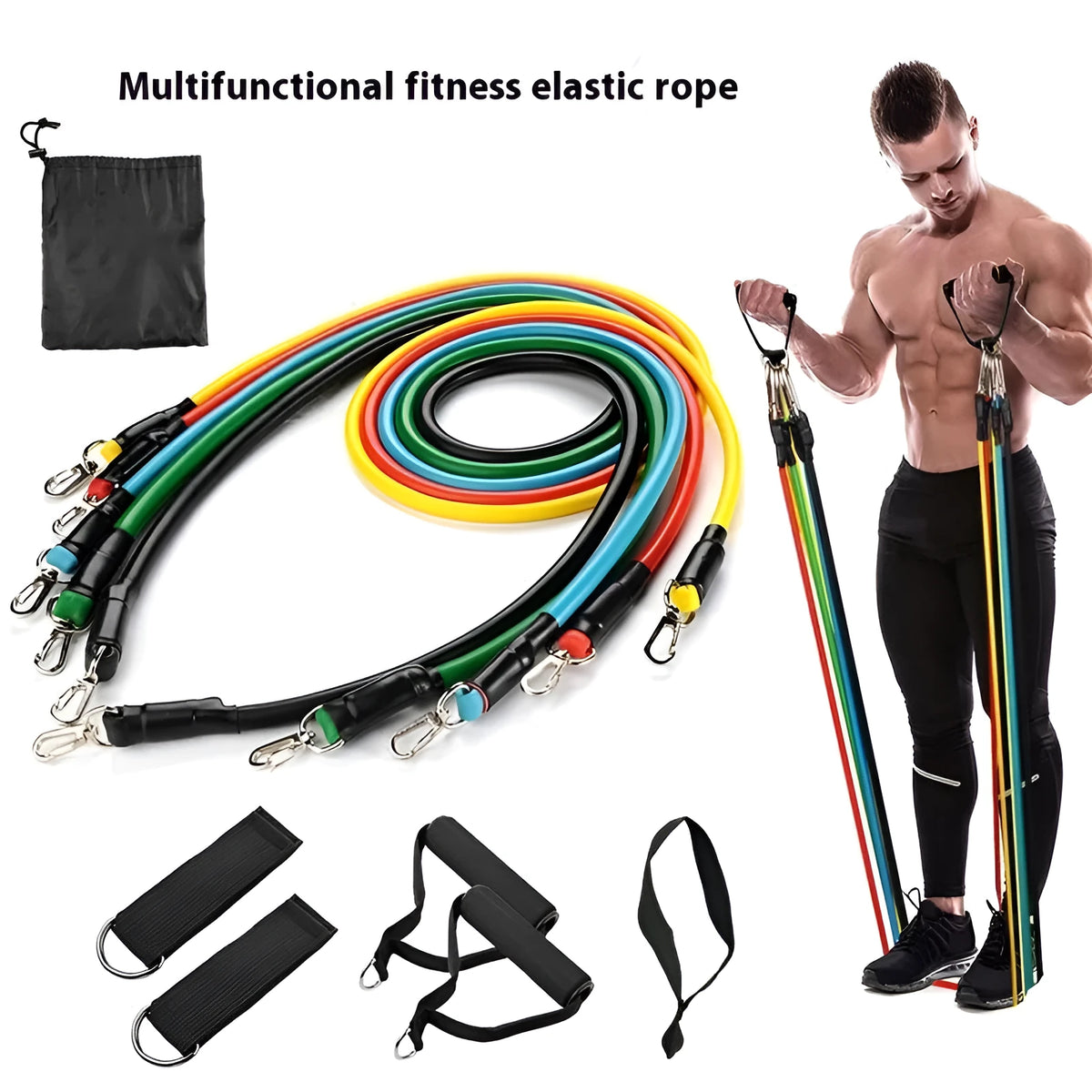 11-piece door sports combination pulling rope fitness set with large hook and small hook options on a white background.