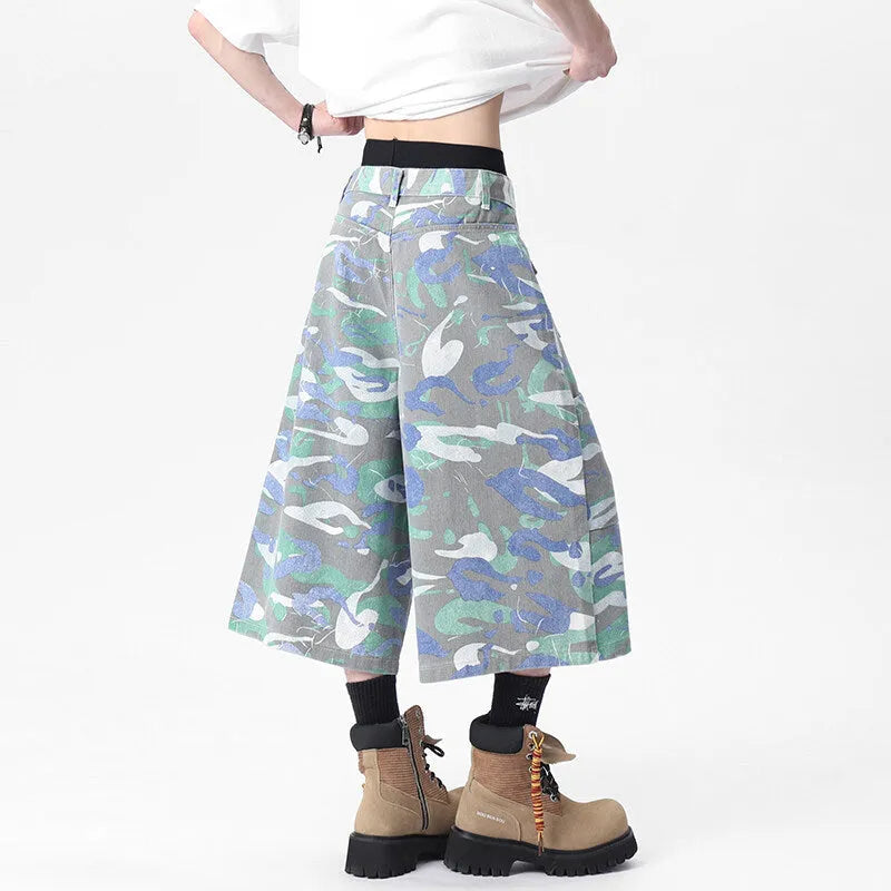 Camouflage colour denim cropped trousers with a straight leg and workwear pocket detail.