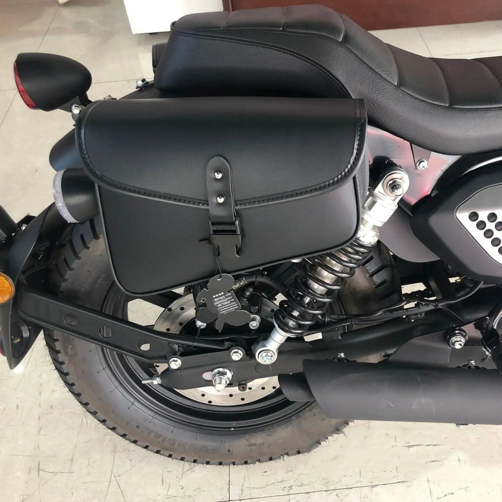 Black PU artificial leather motorcycle swingarm bag mounted on Harley Sportster