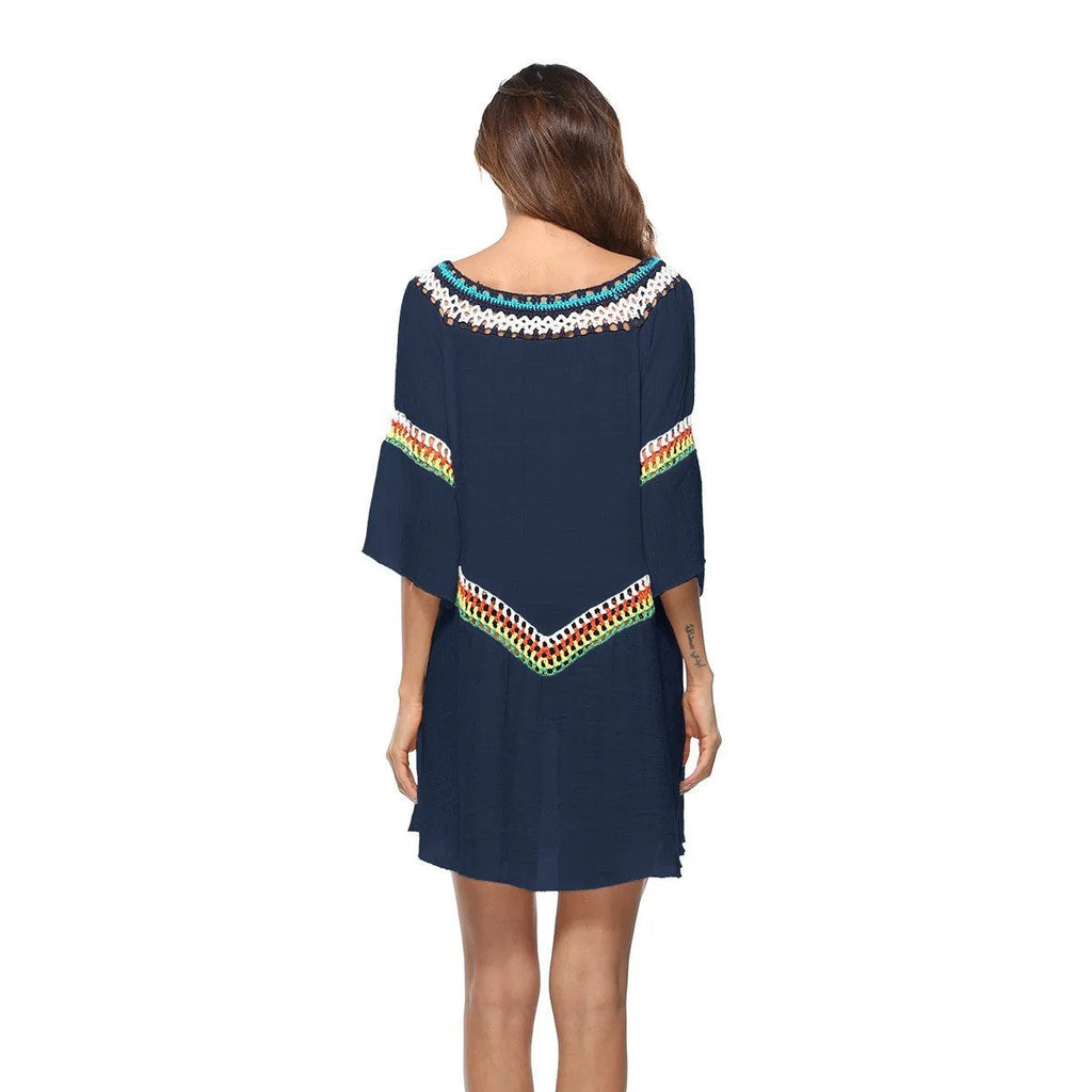 Women's crochet ethnic-style beach cover-up with long sleeves for sun protection