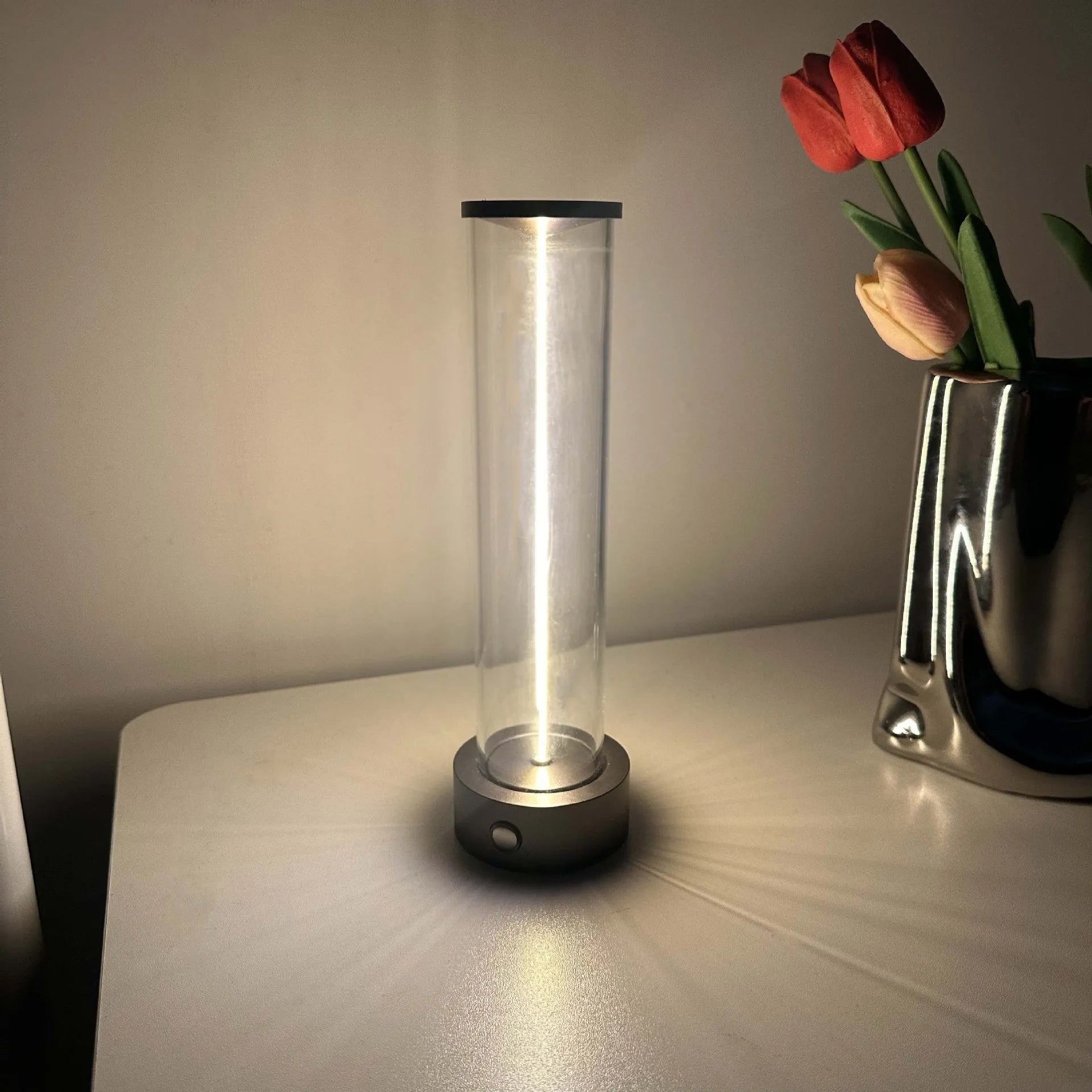 Modern glass USB rechargeable LED night light with magnetic base, dimensions 53mm by 234mm