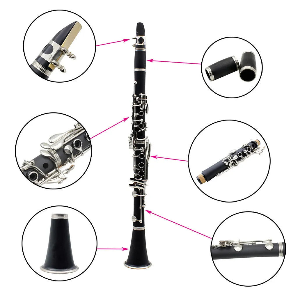 Black Bakelite beginner clarinet with 17 nickel keys and a carry bag.