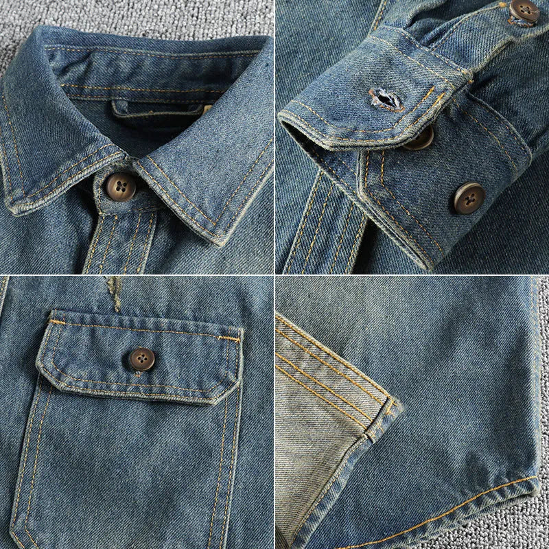 Men's light blue washed vintage denim shirt with a loose fit and long sleeves on a hanger.