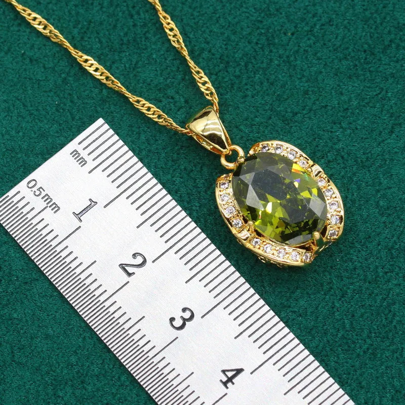 Women's full rhinestone zircon jewellery set with snake bone chain necklace, earrings and ring in olive green or red colour
