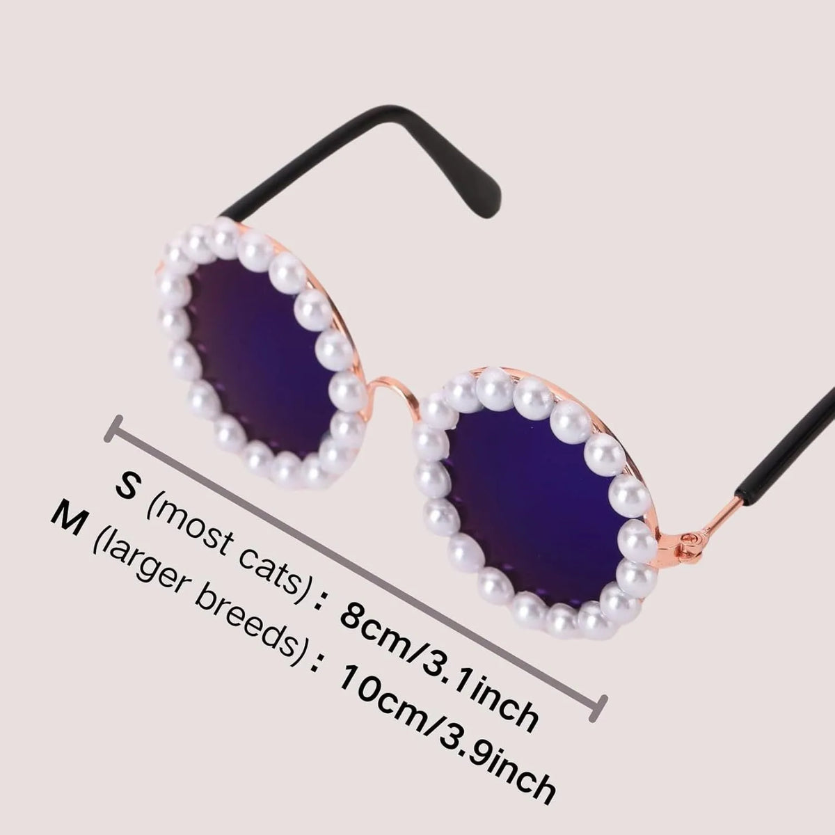 Pearl-rimmed round sunglasses on a pet dog, shown in blue colour.