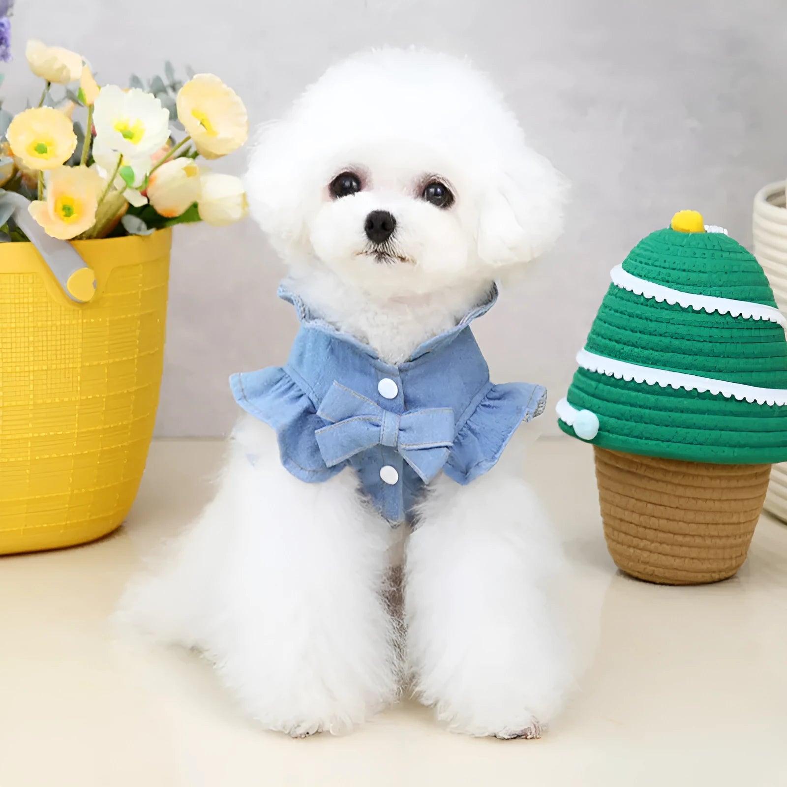 Blue denim dog dress with ruffles and back leash hook pet harness